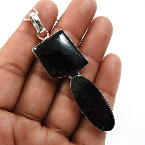 Black Tourmaline Gemstone Jewelry 925 Fine Sterling Silver Healing Pendant C39