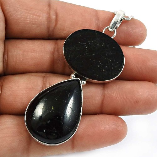 Black Tourmaline Gemstone Healing Power Pendant 925 Sterling Silver Jewelry D39