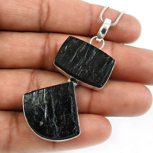 Black Tourmaline Gemstone Jewelry 925 Fine Silver Healing Power Pendant S38