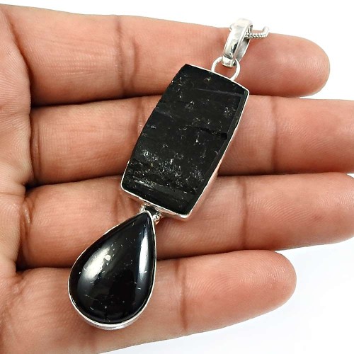 Black Tourmaline Gemstone Jewelry 925 Sterling Silver Healing Power Pendant F39