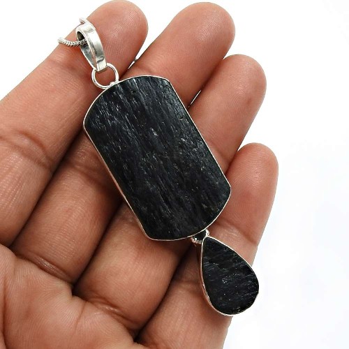 Black Tourmaline Gemstone Jewelry 925 Sterling Silver Healing Pendant I39