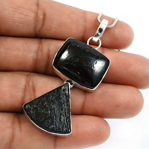 Black Tourmaline Gemstone Jewelry 925 Sterling Silver Healing Pendant T38