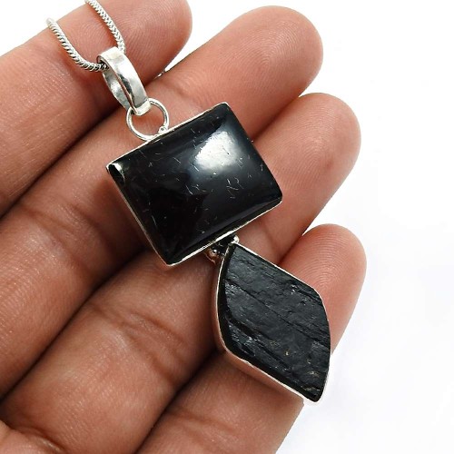 Black Tourmaline Gemstone Jewelry 925 Sterling Silver Healing Pendant V38