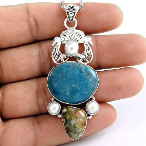 Sterling Silver Fashion Jewelry High Polish Azurite, Ocean Jasper, South Sea Pearl Gemstone Pendant Grossiste