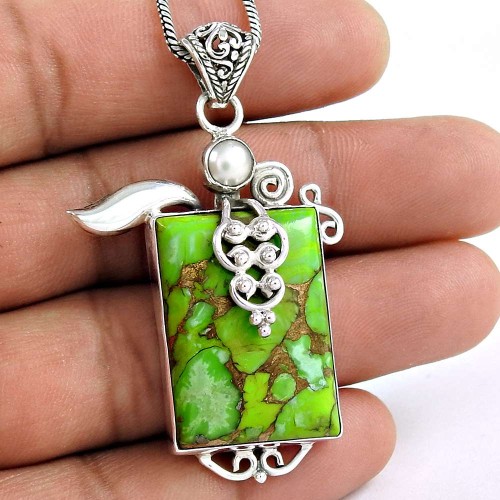 925 sterling silver jewelry Rare Green Copper Turquoise, South Sea Pearl Bohemian Pendant