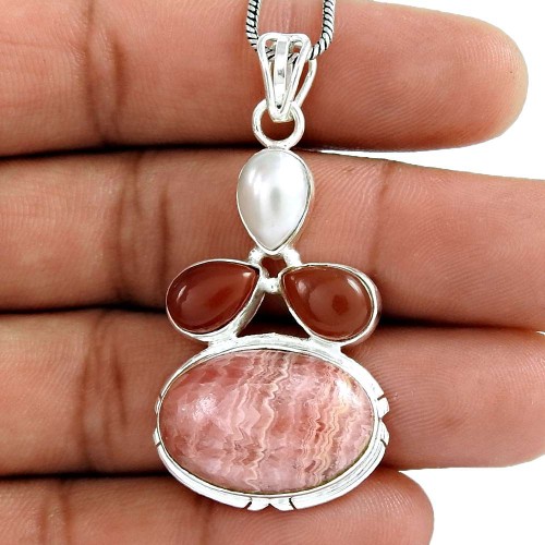 Natural ! 925 Sterling Silver Carnelian, Pearl, Rhodochrosite Pendant