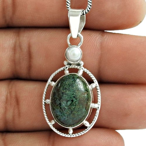 Big Royal Style !! 925 Sterling Silver Pearl, Chrysocolla Pendant