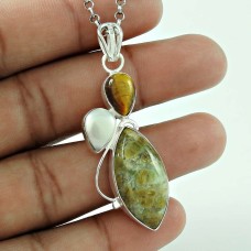 Rare 925 Sterling Silver Jasper Tiger Eye Pearl Gemstone Pendant Ethnic Jewellery