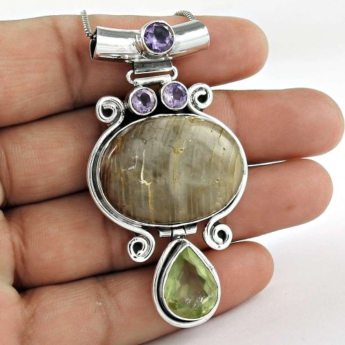 925 Sterling Silver Indian Jewelry Beautiful Slice Agate, Prehnite, Amethyst Gemstone Pendant Fabricante