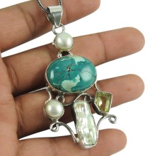 Beautiful Turquoise, Pearl, Peridot, Mother of Pearl Gemstone Pendant 925 Silver Jewellery