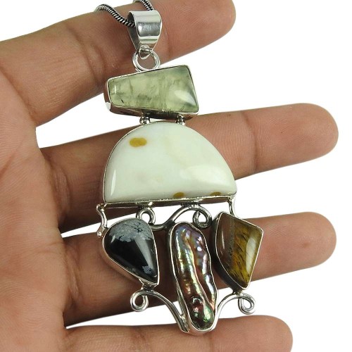 Lovely Prehnite, Snowflake Obsidian, Tiger Eye, Mother of Pearl, Jasper Gemstone Pendant Indian Sterling Silver Jewellery