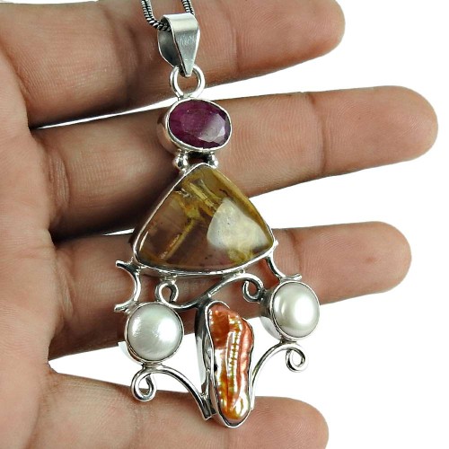 Stunning Ruby, Jasper, Pearl, Mother of Pearl Gemstone Pendant 925 Silver Jewellery