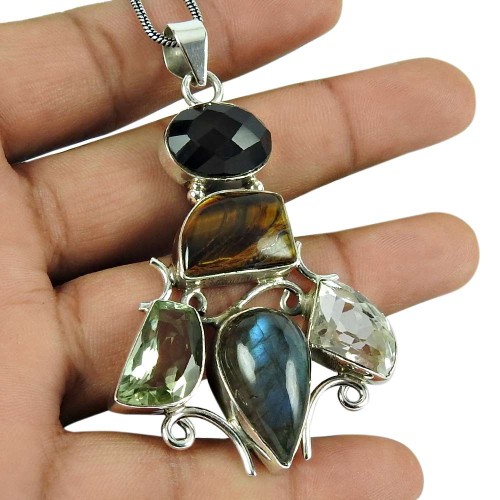 Lustrous Labradorite, Tiger Eye, Black Onyx, Green Amethyst, Crystal Gemstone Pendant 925 Sterling Silver Fashion Jewellery