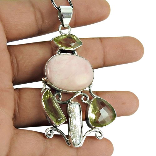 Trendy Citrine, Rhodochrosite, Mother of Pearl Gemstone Pendant 925 Sterling Silver Gemstone Jewellery