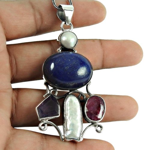 Charming Lapis, Pearl, Amethyst, Ruby, Mother of Pearl Gemstone Pendant 925 Sterling Silver Vintage Jewellery