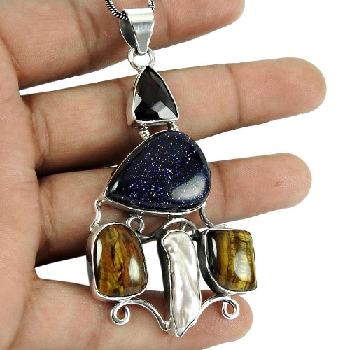 Fashion Blue Sun Stone, Smoky Quartz, Tiger Eye Gemstone Pendant 925 Sterling Silver Antique Jewellery