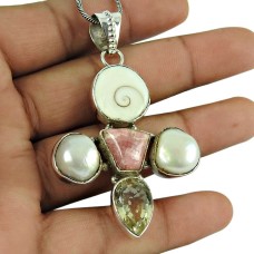 Dainty Shiva Eye, Rhodochrosite, Pearl, Citrine Gemstone Pendant 925 Sterling Silver Vintage Jewellery