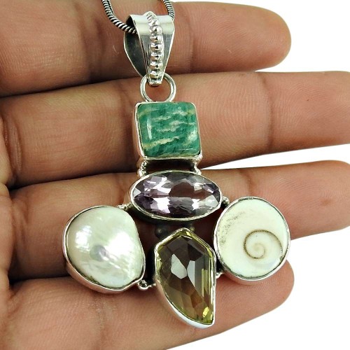 Possessing Good Fortune Amethyst, Citrine, Shiva Eye, Pearl Gemstone Pendant 925 Sterling Silver Indian Jewellery