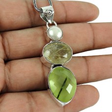 Sightly Golden Rutile, Prehnite, Pearl Gemstone Pendant Indian Sterling Silver Jewellery