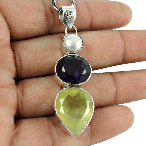 Perfect Amethyst, Prehnite, Pearl Gemstone Pendant Sterling Silver Jewellery