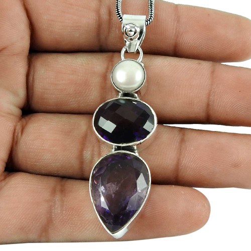 Seemly Amethyst, Pearl Gemstone Pendant 925 Silver Jewellery