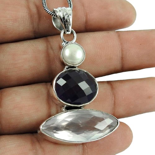 Personable Rose Quartz, Amethyst, Pearl Gemstone Pendant 925 Silver Jewellery