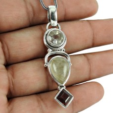 Designer Golden Rutile, Rose Quartz, Garnet Gemstone Pendant 925 Sterling Silver Indian Jewellery