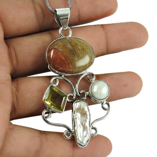 Stylish Jasper, Citrine, Pearl, Mother of Pearl Gemstone Pendant 925 Sterling Silver Jewellery