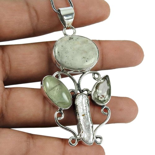 Dainty Dendritic Agate, Prehnite, Green Amethyst, Mother of Pearl Gemstone Pendant 925 Sterling Silver Vintage Jewellery