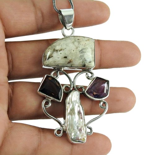 Good-Looking Jasper, Smoky Quartz, Amethyst, Mother of Pearl Gemstone Pendant 925 Sterling Silver Antique Jewellery