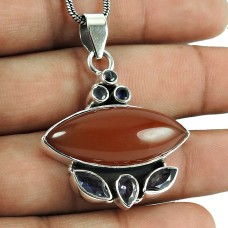 Pleasing Carnelian, Iolite Gemstone Pendant 925 Sterling Silver Jewellery