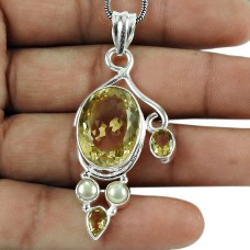 Perfect Citrine, Pearl Gemstone Pendant Sterling Silver Jewellery