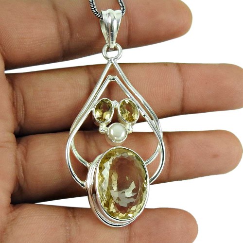 Amusable Citrine, Pearl Gemstone Pendant 925 Sterling Silver Jewellery