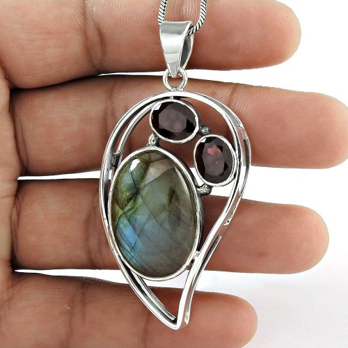 925 Sterling Silver Jewelry Traditional Labradorite, Garnet Gemstone Pendant Mayorista