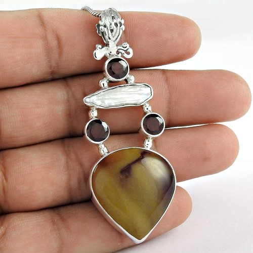 925 Sterling Silver Vintage Jewelry Beautiful Mookaite, Biwa Pearl, Garnet Gemstone Pendant Manufacturer