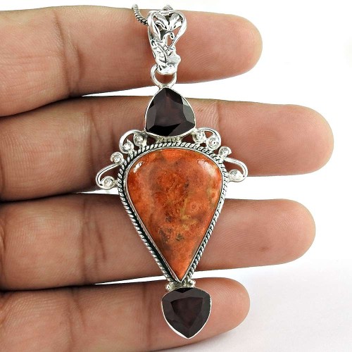 925 sterling silver fashion jewelry Trendy Orange Turquoise, Garnet Gemstone Pendant Manufacturer