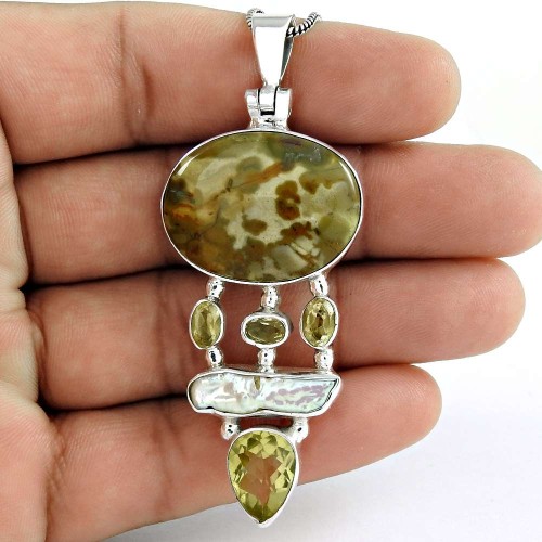 925 sterling silver fashion jewelry Designer Citrine, Biwa Pearl, Gemstone Pendant