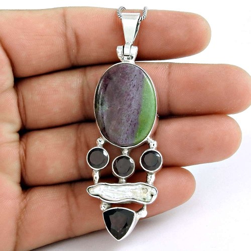 sterling silver fashion jewelry Fashion Ruby Zoisite, Biwa Pearl, Garnet Gemstone Pendant