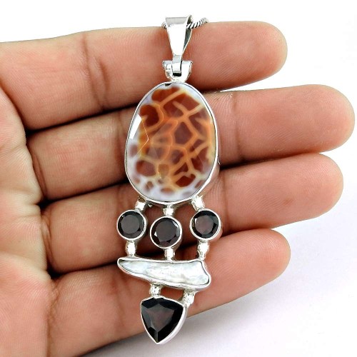 indian silver jewelry Beautiful Biwa Pearl, Garnet Gemstone Pendant Wholesaling