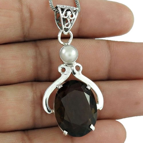 925 Sterling Silver Antique Jewelry Designer Smoky Quartz, Pearl Gemstone Pendant Exporter