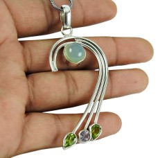 Daily Wear Chalcedony, Peridot, Amethyst Gemstone Pendant 925 Sterling Silver Jewellery