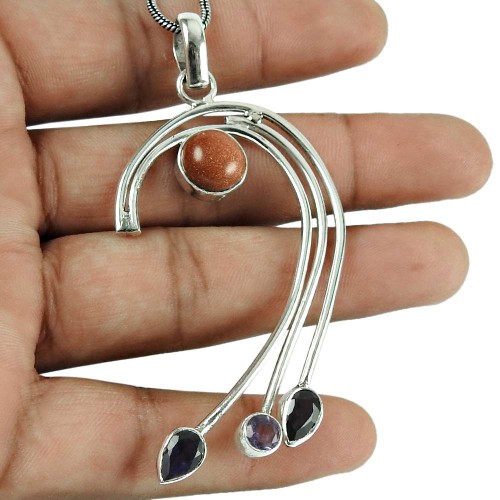 Rare Red Sunstone, Iolite, Amethyst Gemstone Pendant 925 Sterling Silver Fashion Jewellery