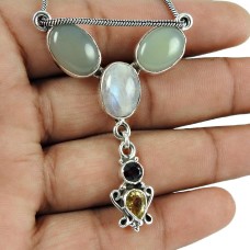 Fashion Chalcedony, Rainbow Moonstone, Citrine, Garnet Gemstone Pendant 925 Sterling Silver Antique Jewellery