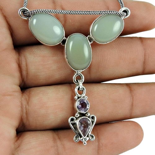 Designer Chalcedony, Amethyst Gemstone Pendant 925 Sterling Silver Indian Jewellery