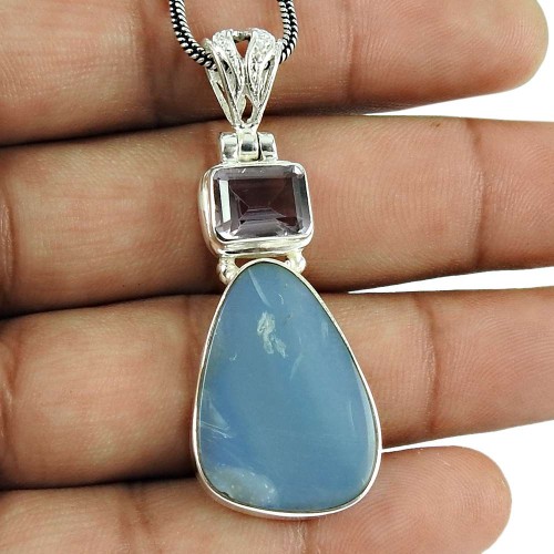 Party Wear 925 Sterling Silver Australian Opal, Amethyst Gemstone Pendant