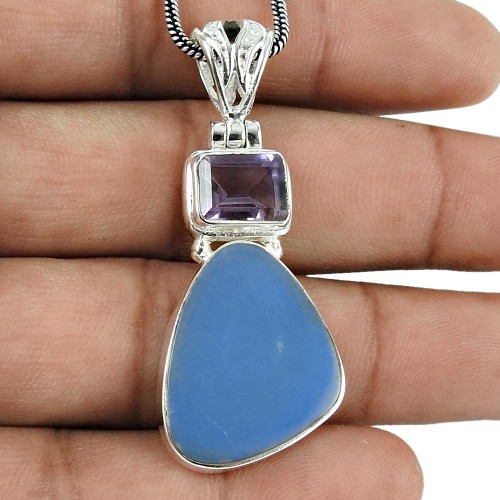 Lovely 925 Sterling Silver Australian Opal, Amethyst Gemstone Pendant