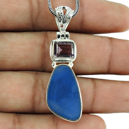 Graceful 925 Sterling Silver Australian Opal, Amethyst Gemstone Pendant