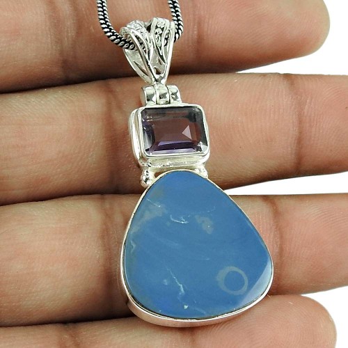 Stunning 925 Sterling Silver Australian Opal, Amethyst Gemstone Pendant