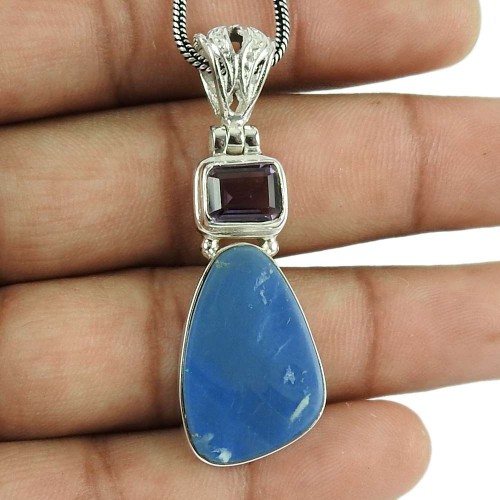 Lustrous 925 Sterling Silver Australian Opal, Amethyst Gemstone Pendant