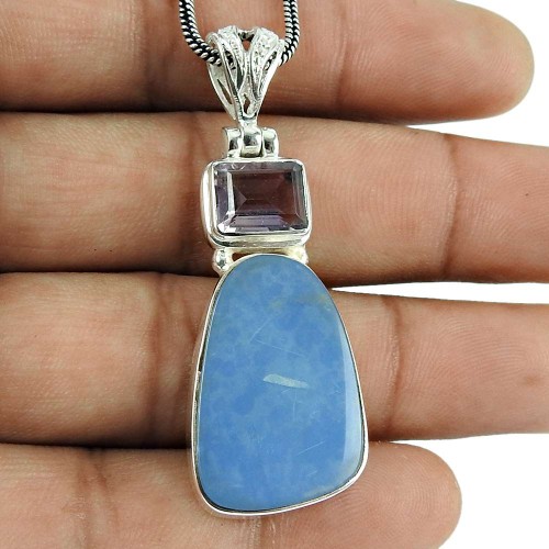 Classic 925 Sterling Silver Australian Opal, Amethyst Gemstone Pendant